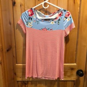 Women’s Sz S Eleven Oaks Mixed Media Striped & Floral Tee